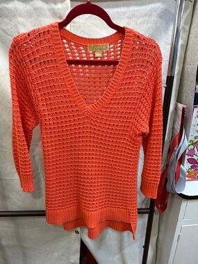 MICHAEL Michael Kors Bright Orange Open-Knit V-Neck Sweater